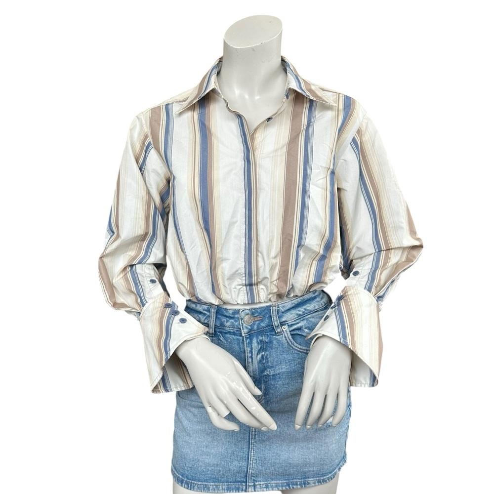 Jonathan Simkhai Blythe Striped Beige Blue Cropped Button Up Shirt Size 2